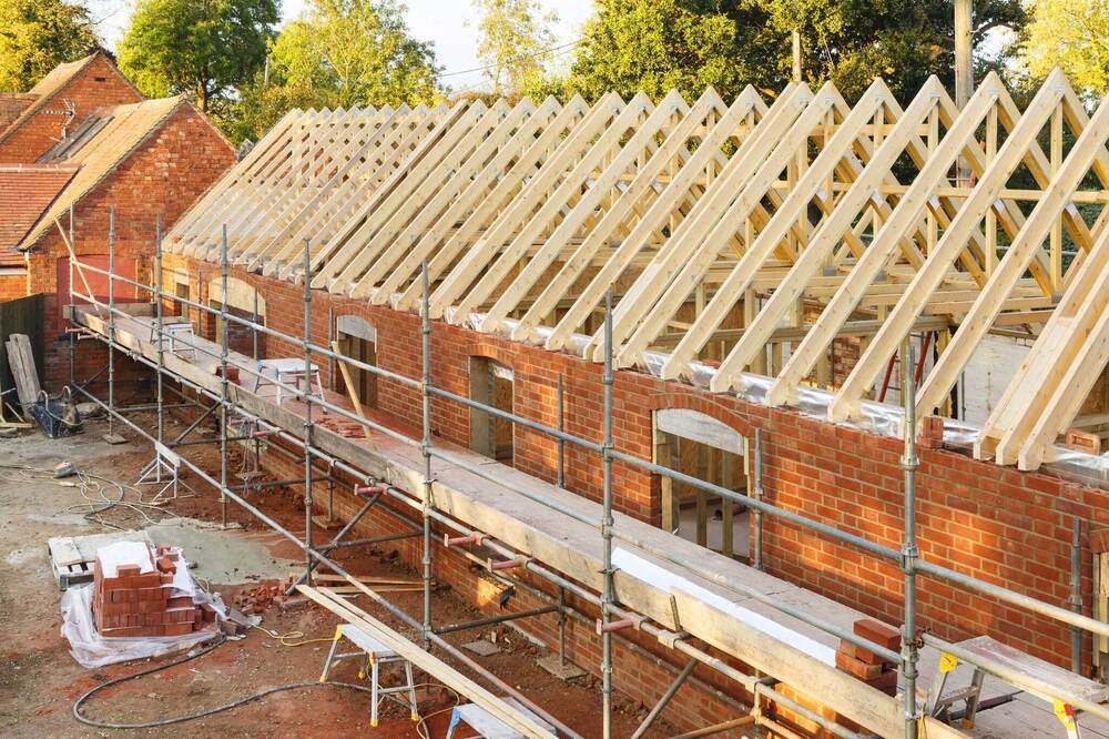 UK building site with scaffolding.