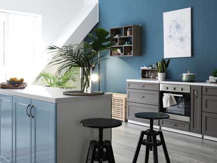  beautiful kitchen with blue walls and kitchen units