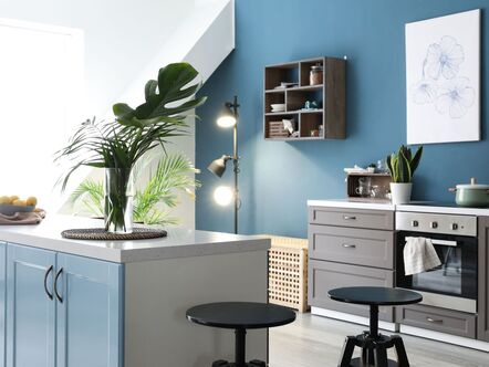 Stylish kitchen with blue walls adn grey units
